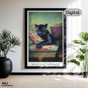 Stampa artistica "Black Panther Lounge" di William Morris, stampa da parete con animali boho, poster della giungla con stampa botanica, poster digitale stampabile