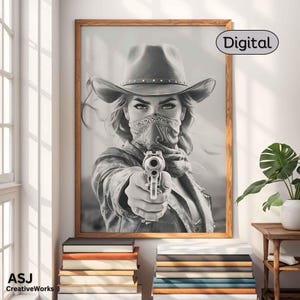 Western Cowgirl Bandit Druck, Schwarzweiß-Saloon Art, Vintage Outlaw Poster, Rustikales Whisky Bar Dekor, Wilder Westen Sechs Shooter Wandkunst