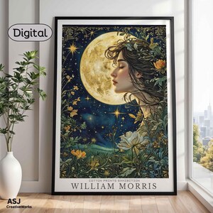 William Morris Moon and Stars Print, Celestial Wall Art, Vintage Digital Download, Gothic Home Decor, Moon Phase Poster, Digital Download