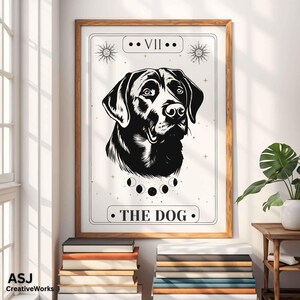 Impresión de cartas del tarot de perro, arte de pared canino místico, decoración oculta, estética de bruja, ilustración de perro negro, regalo para amantes del tarot, impresión física