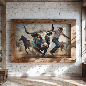 ロデオ ポスター ウォール アート、抽象的な西部のカウボーイと雄牛の絵画、素朴な田舎風の装飾、ビンテージ ロデオ プリント、ワイルド ウェストの暴れ牛のアートワーク