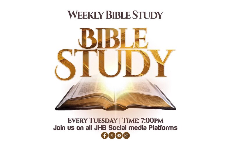 May include: A graphic announcement for a weekly Bible study. The text reads "Weekly Bible Study", "Bible Study", "Every Tuesday | Time: 7:00PM", and "Join us on all JHB Social media Platforms". The graphic features a golden open Bible with a bright light shining from the pages.