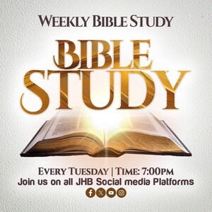 May include: A graphic for a weekly bible study. The text reads "Weekly Bible Study" and "Bible Study" in gold lettering. An open bible with a bright light shining from it is in the centre of the graphic. The text "Every Tuesday | Time: 7:00PM" is below the bible. The text "Join us on all JHB Social media Platforms" is below that. Social media icons for Facebook, Twitter, YouTube, and Instagram are below the text.