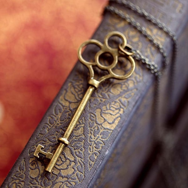 Skeleton Key Pendant Necklace in Antiqued Brass or Silver