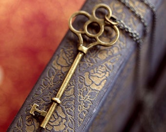 Skeleton Key Pendant Necklace in Antiqued Brass or Silver