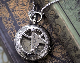 Working Sundial and Compass Combined Time Piece in Antiqued Brass or Silver in Vintage Style