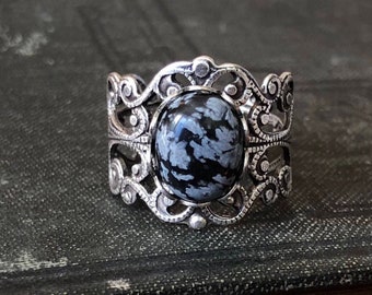 Black and Gray Snowflake Obsidian Silver Ring