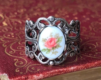 Rose Cabochon Ring on Vintage Style Victorian Filigree Adjustable Ring in Silver or Brass.  Available in Pink, Blue, or Yellow