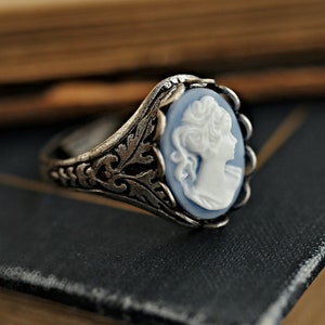 Blue Cameo Lady Ring - Adjustable - Sterling Silver Plated