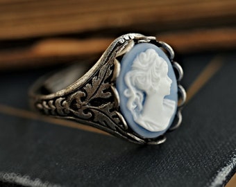 Blue Cameo Ring - Adjustable - Sterling Silver Plated