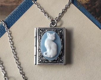 Cat Book Locket Necklace in Antiqued Silver or Antiqued Brass, Blue, Black, White