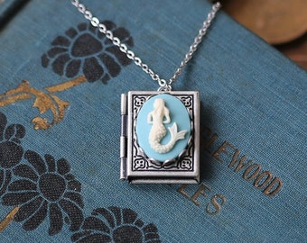 Mermaid Cameo Book Locket Necklace in Antiqued Brass or Silver, Vintage Style Art Nouveau Mermaid Jewelry
