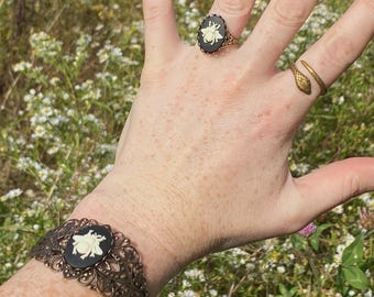 Matching Bee Jewelry Set: Vintage Insect Necklace, Ring, Bracelet and Locket, Victorian Art Nouveau Bee Gifts for Women, Cameo Jewelry Set