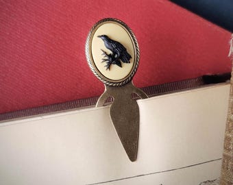 Victorian Raven Cameo Metal Bookmark in Bronze or Silver, Gift for Poets, Edgar Allan Poe Lovers, Crow Cameo in Red, Cream, White or Gray