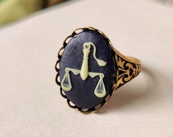 Vintage Libra Ring, Zodiac Cameo on Antiqued Brass or Silver Adjustable Statement Piece Cocktail Band