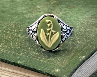 Lily of the Valley Ring in Silver or Brass, Green Cameo Ring, Vintage Style Floral Ring, Edwardian Flower Jewelry, Bohemian Lily Jewelry