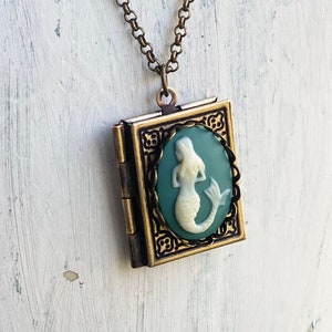 Mermaid Cameo Book Vintage Aesthetic Locket in Antiqued Brass or Silver - Choose Blue or Turquoise
