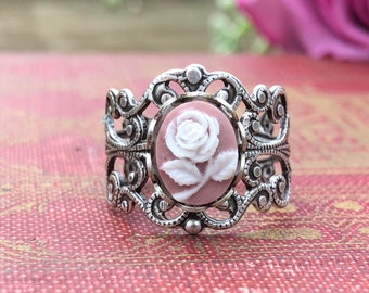 Pink Rose Filigree Ring in Antiqued Silver or Antiqued Brass.  Vintage Filagree Adjustable