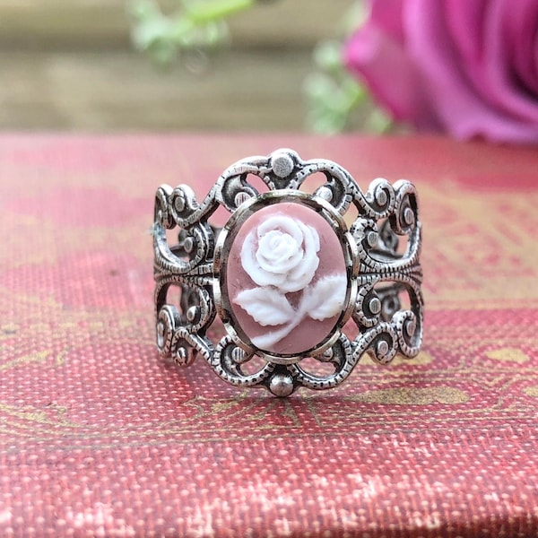 Pink Rose Filigree Ring in Antiqued Silver or Antiqued Brass.  Vintage Filagree Adjustable