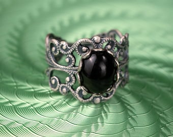 Black Onyx Filigree Ring in Elegant Vintage Victorian Style, Oxidized Sterling Silver or Antique Brass, Chunky Gothic Wide Band for Women