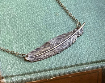 Feather Pendant Necklace in Antiqued Brass