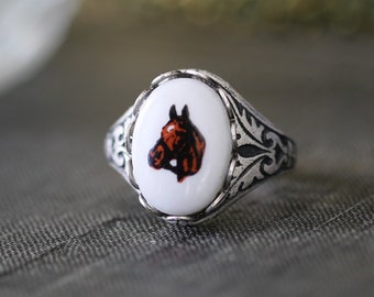 Vintage Horse Cabochon Ring in Antiqued Sterling Plate or Antiqued Brass