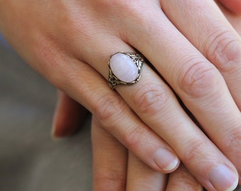Rose Quartz Silver Ring in Vintage Style- Choose a Pink Stone: Quartz, Amethyst, or Rhodonite