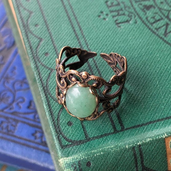 Aventurine Filigree Ring in Brass or Silver