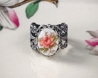 Rose Floral Cabochon Adjustable Retro Victorian Vintage Style Statement Cocktail Ring in Silver or Brass. Choose from Pink, Blue, or Yellow