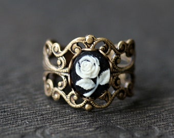 Rose Cameo Adjustable Filigree Ring in Antique Brass or Sterling Silver Plate