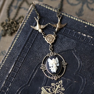 Angel Necklace in Bronze or Silver with Birds - Pick From Dragonfly Cameo, Angel Cameo, Thistle Cameo, or Bee Cameo