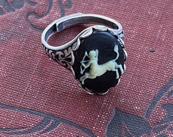 Sagittarius Zodiac Black and White Cameo Ring | Vintage-Inspired Astrology Jewelry | Adjustable Sagittarius Ring in Antiqued Brass or Silver