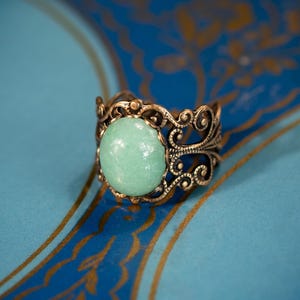 Grön aventurinring i viktoriansk vintagestil justerbar filigran, mässing eller sterlingsilver, edwardiansk ädelstensring, smycken med gröna stenar