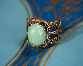 Green Aventurine Ring in Victorian Vintage Style Adjustable Filigree, Brass or Sterling Silver, Edwardian Gemstone Ring, Green Stone Jewelry