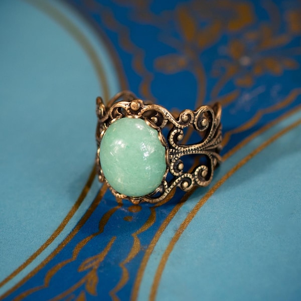 Anillo de aventurina verde en filigrana ajustable de estilo victoriano vintage, de latón o plata de ley, anillo con piedras preciosas de estilo eduardiano, joyería de piedra verde.