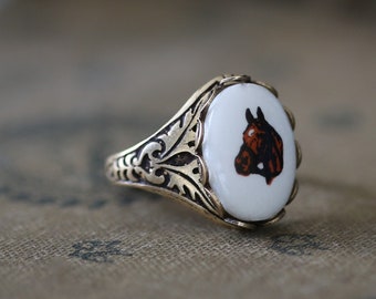 Vintage Horse Cabochon Ring in Antiqued Sterling Plate or Antiqued Brass