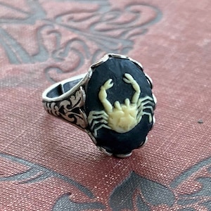 Vintage Cancer Zodiac Cameo Ring | Vintage-Inspired Astrology Jewelry | Adjustable Crab Ring in Antiqued Brass or Silver