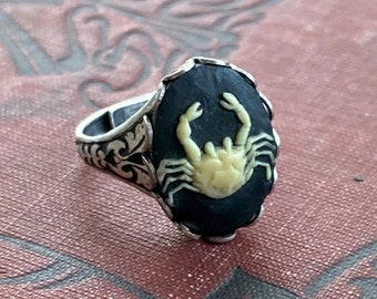 Vintage Cancer Zodiac Cameo Ring | Vintage-Inspired Astrology Jewelry | Adjustable Crab Ring in Antiqued Brass or Silver