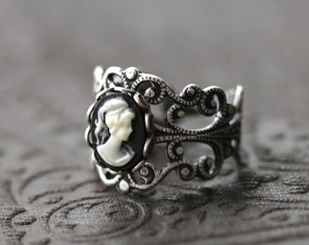 Black and White Lady Cameo Ring in Antique Brass or Sterling Silver Plate