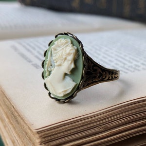 Green and White Woman Cameo Ring- adjustable band- pick a color