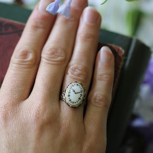 Vintage Clock Face Cabochon Adjustable Ring on Silver or Brass Setting