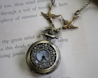 Filigree Style Pocket Watch Necklace in Antiqued Brass - Battery Operated