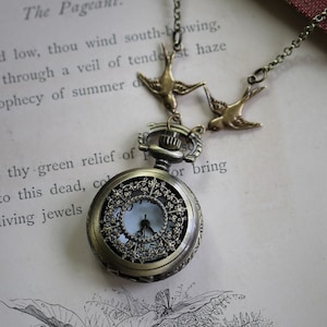 Filigree Style Pocket Watch Necklace in Antiqued Brass - Battery Operated