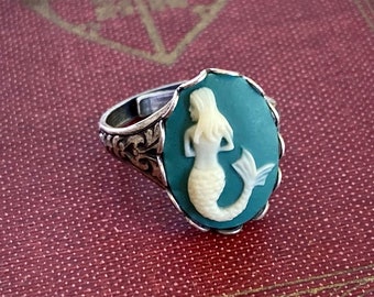 Mermaid Ring, Silver Cameo Ring, Nautical Mermaid Jewelry, Vintage Victorian Style Fantasy Ring in Antique Silver or Brass