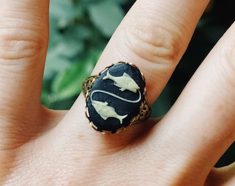 Vintage Pisces Cameo Ring, Adjustable Victorian Ring Band in Antiqued Brass or Silver, Choose your Zodiac Cameo Astrology Sign