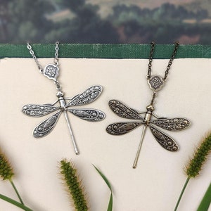 Dragonfly Necklace Pendant with Filigree in Antiqued Brass or Silver in Modern Vintage Style a - Great Insect Gift for Naturelovers