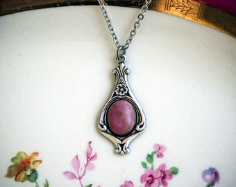 Rhodonite Necklace, Boho Gemstone Pendant, Pink Stone Bohemian Jewelry, Delicate Dainty Necklace, Vintage Victorian Style Floral Jewelry