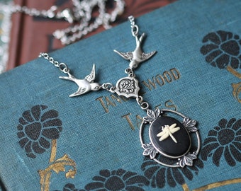 Dragonfly Cameo Victorian Pendant Necklace with Birds in Vintage Style in Antiqued Brass or Silver-Pick a Dragonfly Insect Angel Thistle Bee