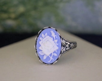 Blue Rose Cameo Ring in Antiqued Brass or Antiqued Silver