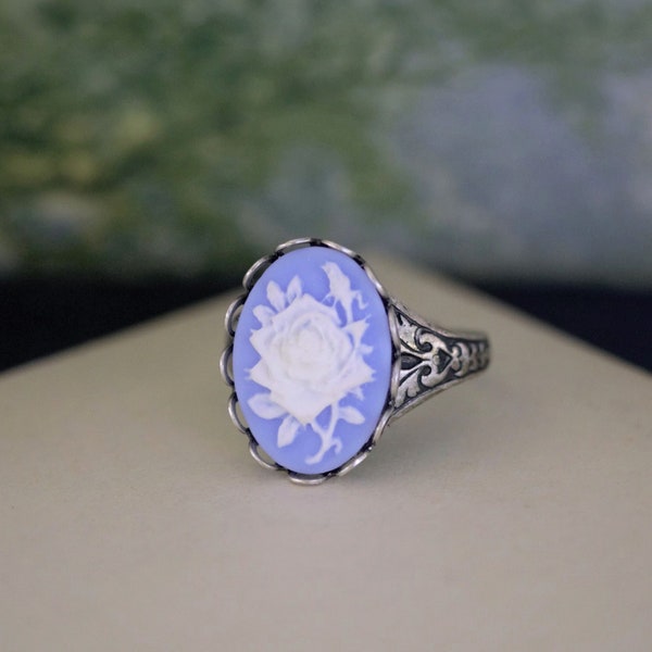 Blue Rose Cameo Ring in Antiqued Brass or Antiqued Silver